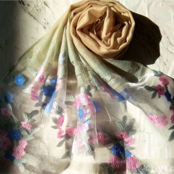 Floral Embroidery Organza Scarf Fawn