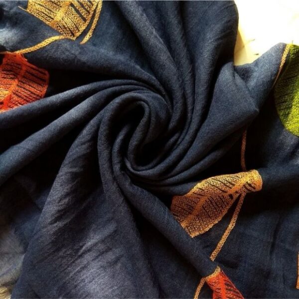 Embroidered Leaves Lawn Stole Navy Blue