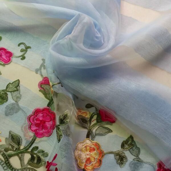 Floral Embroidery Organza Stole Blue