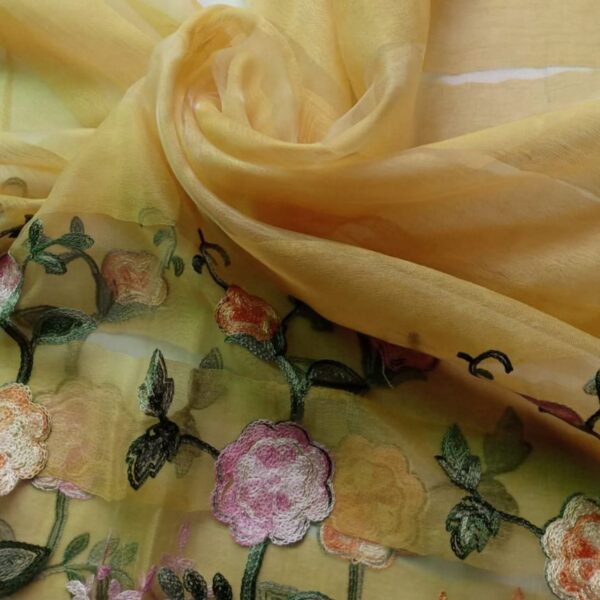 Floral Embroidery Organza Stole Yellow