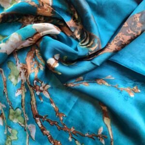Luxury Large Printed Silk Stole Floral Cerulian Blue